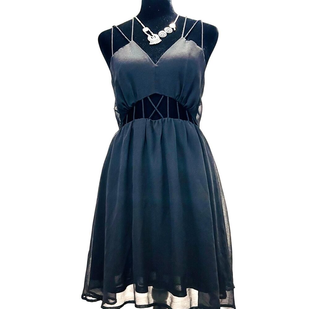 Catch Me Black Chiffon Cutout Skater Dress Women's Medium Strappy Party